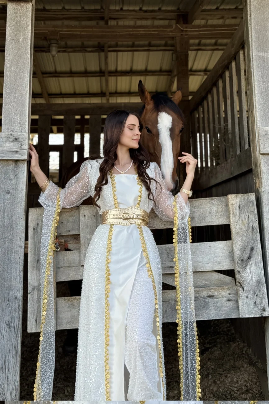 Şalvarlı Beyaz Taşlı & Saten Beyaz Kiras-Fîstan