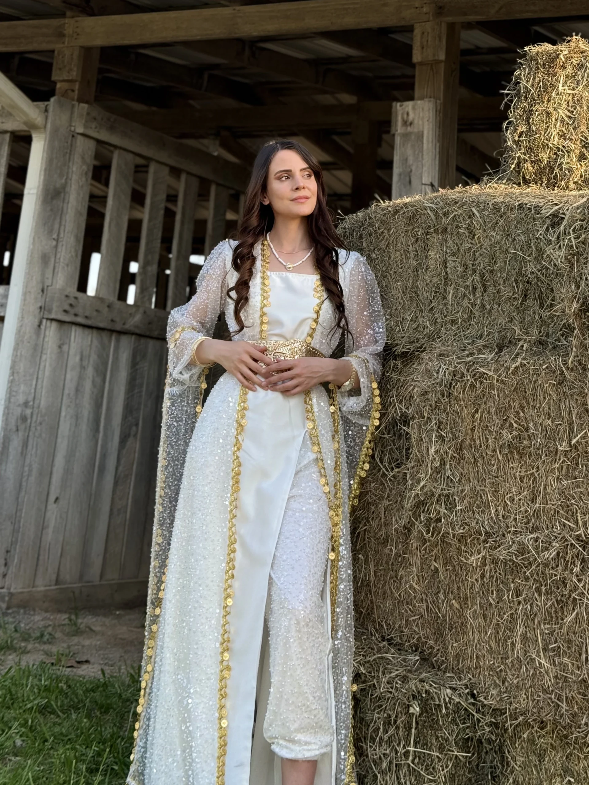 Şalvarlı Beyaz Taşlı & Saten Beyaz Kiras-Fîstan - Image 6